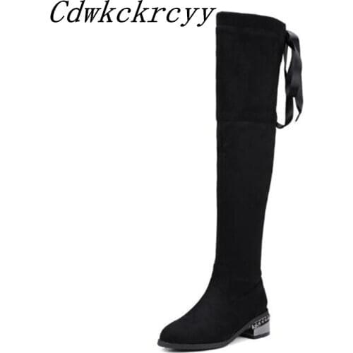 Winter New style fashion Square following black sexy Over knee Boots behind overlapping Bandage personality Women Boots 34-48