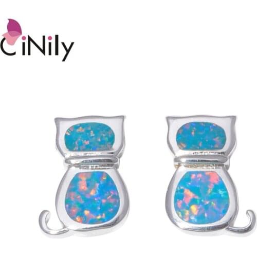 CiNily Created Rainbow Fire Opal Silver Plated Wholesale Lovely Cute Cat for Women Birthday Gidt Stud Earrings 14mm OH4515