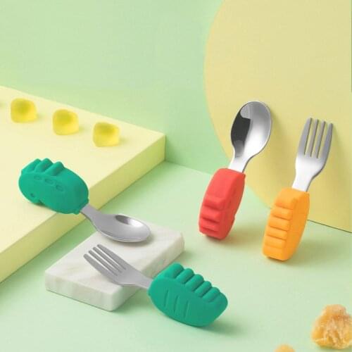 2Pcs/Set Baby Spoon Fork Set Food Grade Non-slip Silicone Utensils Tableware Short Handle Baby Training Spoon Feeding Cutlery