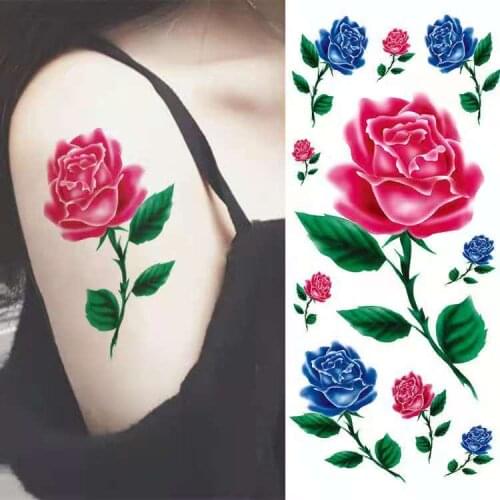3D Rose Peony Flower Girls Temporary Tattoos For Women Waterproof Black Tattoo Stickers Blossom Lady Shoulder Fake Tatoos