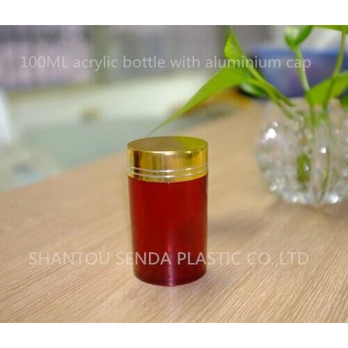 5PCS/LOT free shipping 100ML acrylic bottle with golden colored aluminium cap for sale , PS bottle for health product pills
