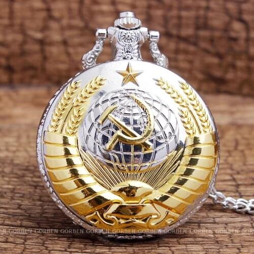 Antique Soviet Badges USSR Hammer And Sickle Quartz Pocket Watch Black Silver CCCP Emblem Necklace Chain Communism Vintage Watch