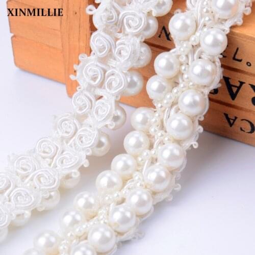 2 Yards/Lot 2cm Width Pearl Bead Beaded Trimming Sew On Lace Ribbon DIY Headband Cloth Dress Wedding Belt Decoration
