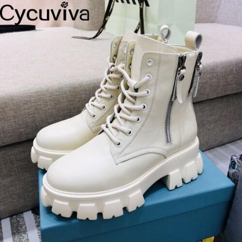 Black White Leather Ankle Boots Women Lace Up Platform Botas femininas Ladies Winter Shoes Chunky Heel Brand Shoes For Women