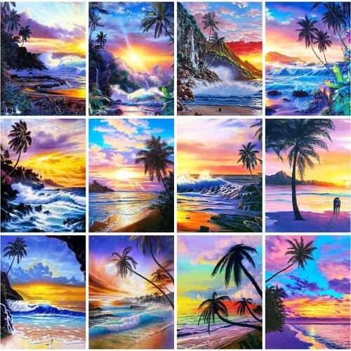 HUACAN Diamond Painting New Landscape Seaside Diamond Embroidery Tree Sunset Rhinestones Mosaic Home Decor