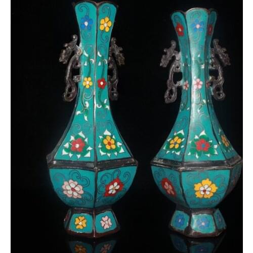 Chinese antique vase ,1 Pair Of Old Handmade Bronze Cloisonne 2 Dragon Vase ,Bottom With Mark