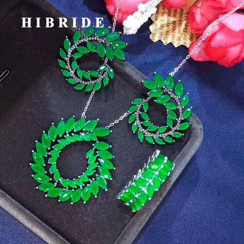 HIBRIDE Luxury Green Cubic Zircon Women Jewelry Sets Bridal Wedding Necklace Pendant Ring Earring Set parure bijoux femme N-296
