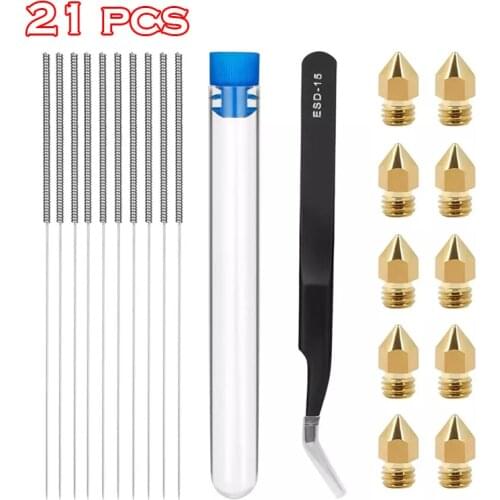 21PCS/Set 3D Printer part Nozzles+10pcs Cleaning Kit Stainless Steel Cleaning Needle 0.4mm nozzle Needles+ Tweezers Tool Kit