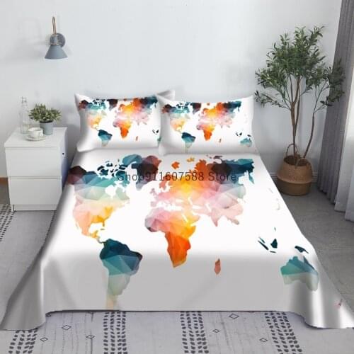 Colorful World Map Bed Sheet Set 3D Printed Polyester Bed Flat Sheet With Pillowcase Bed Linen For Children Adult King Queen