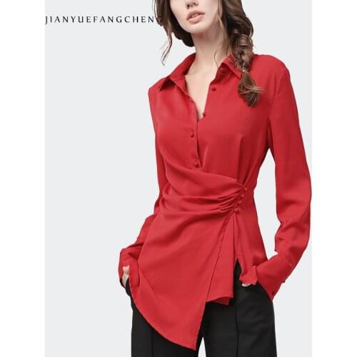 Casual Women Red POLO Shirt Irregular Shirred Long Sleeve Hang Buckle Tops Slim 2021 Spring New Office Ladies Tops And Blouses