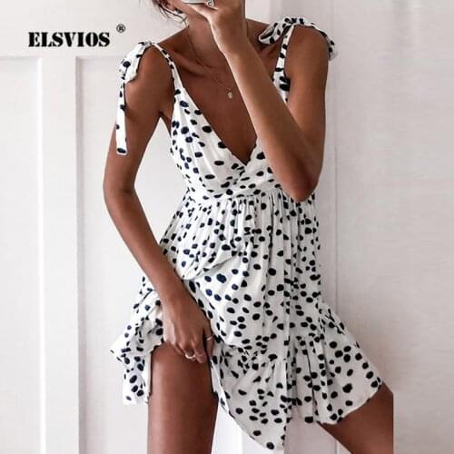 Backless Summer Dress 2020 Off Shoulder Sleeveless Lace-up Mini Dress Women Deep V Neck Floral Print Ruffle Party Dress Vestidos