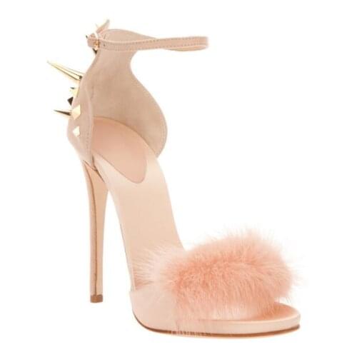 Zapatos mujer sexy high heel 15 cm faux fur sandals buckle strap ravet decoration ladies Summer runway catwalk pom pom sandals