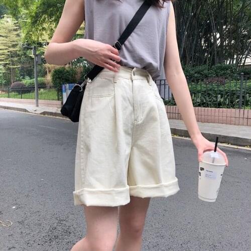 Bermuda Shorts Women High Waisted Shorts Wide Leg Soft Denim Shorts Summer Student Girl Casual Black Shorts Womens Fashion 2021