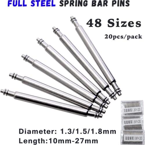 20pcs Watch Band Full Stainless Steel Spring Pins 10mm to 27mm Release Spring Bars Strap Replacement Straight Pin 1.3 1.5 1.8mm