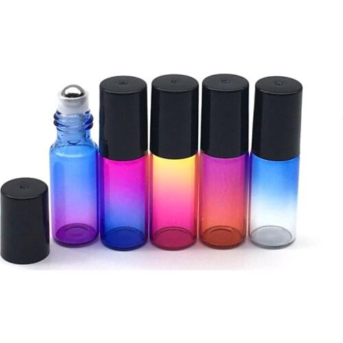 5pcs 5ml Glass Roller On Bottle For Essential Oil Perfume Sample Gradient Colorful Empty Container Black Cap