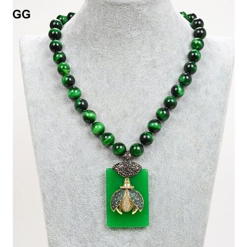 GuaiGuai Jewelry 12mm Green Tiger Eye Necklace Rectangle Green Jade Cz insect Pendant 18"