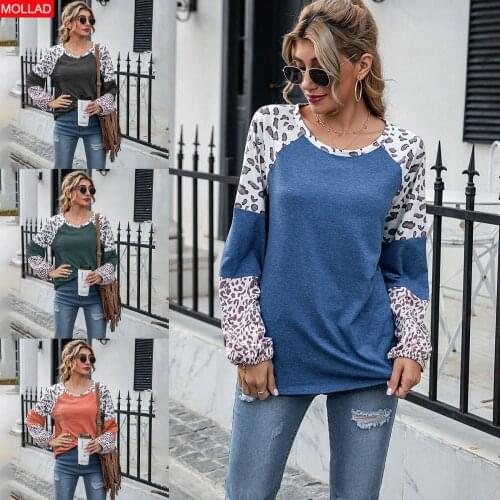 2021Womens Clothing Leopard Splicing round Neck Sweater Top Spring and Autumn Women Tops