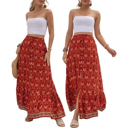 Womens Summer Bohemi Casual Long Skirt Vintage Printing High-waist Single-breasted Split A-line Skirt