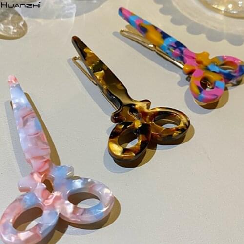 HUANZHI 2021 Scissors Shape Frog Clip Acetate Resin Colorful Bangs Hairpin for Women Girls Hair Accessories Hair Style Make