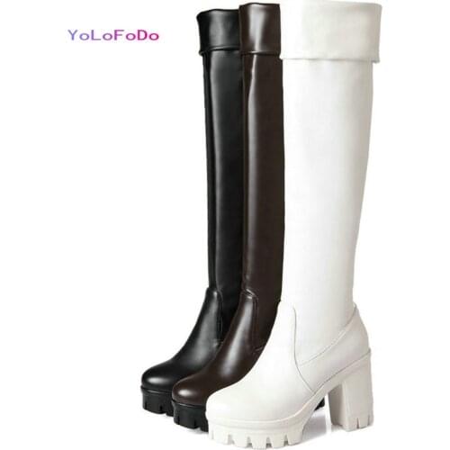 PU Leather Women Over the Knee Boots Platform Square High Heel Ladies Thigh Boots Autumn Winter Womans Boots Black White