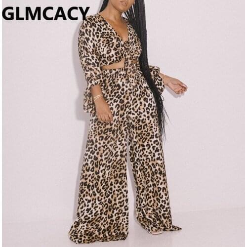 Women Two Piece Leopard Suits Long Sleeve Tie Front Top & Wide Leg Pants Set