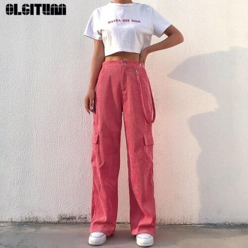 2020 Autumn Corduroy Ribbon High Waist Straight Trousers Women Pants Women Street Fashion Casual Pockets Patchwork Cargo Pants