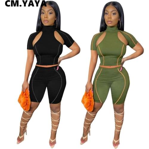 CM.YAYA Women Short Sets Solid Sheath Elastic Turtleneck Short Sleeve Hollow Out Crop Tops Empire Shorts Two Piece Set Summer