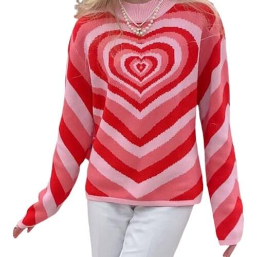 Women Love Heart Print Sweater, Long Sleeve O-neck Knitted Pullover for Autumn, Winter