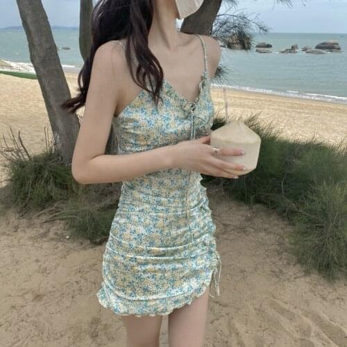 Eam Dress French Floral Wood Ears V-neck Suspender Dress Female Summer New Style Korean High Waist Slimming Mini Dress
