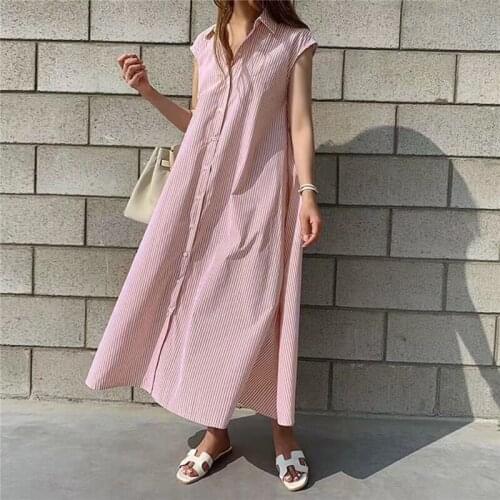 Casual Striped Shirt Dress Women Summer Vintage Sleeveless Lace Up Loose Mixi Dress Female Robe A-Line