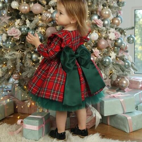 Newborn Christmas Dress, Baby Girls Plaid Fly Sleeve Round Neck Big Bowknot Mesh Patchwork Dresses