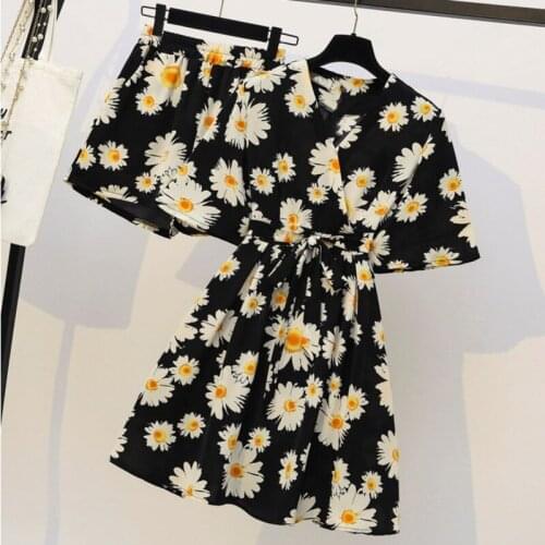 2021 Summer Women Fashion Short Sleeve V-Neck Floral Print Chiffon Dress+Elastic Waist Shorts Two Piece Set