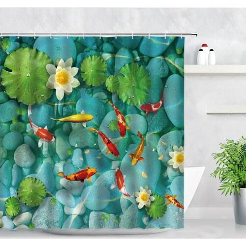 3D Carp Shower Curtains Green Leaf Lotus Lake Water Koi Stone pattern Natural Scenery Home Decor Waterproof Bathroom Curtain Set