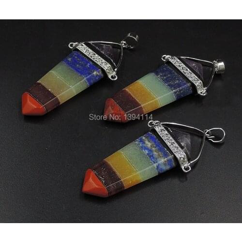 7 Chakra Stones Double Points Sword Pendants Stones Glued With Copper Swing Caps Of Plating Platina Approx 55*25 mm