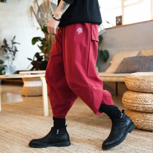#8031 Chinese Style Cotton Linen Pants Men Red Black Grey Ankle-length Casual Vintage Harem Pants Embroidery Wide Leg Pants 5XL
