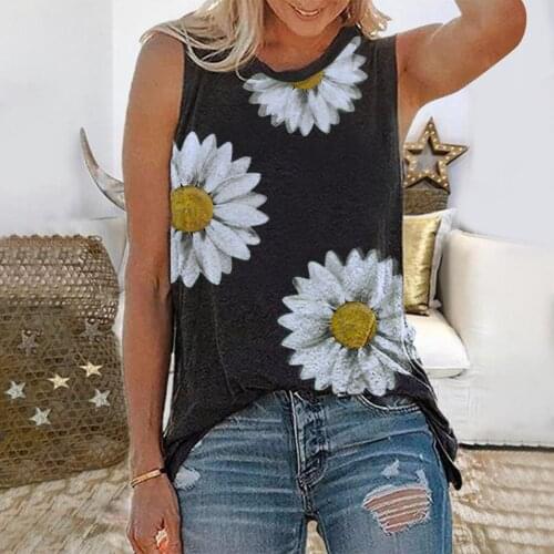 Daisy Flower Print Sleeveless Tank Shirts Graphic Floral Pattern Summer Tops O-neck Women Camis Clothes debardeur femme clothing