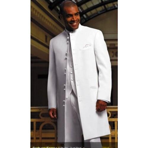 Long Coat White Groom Tuxedos Groomsman Blazer Man Business Suits Prom Suits (Jacket+Pants+Vest+Tie)