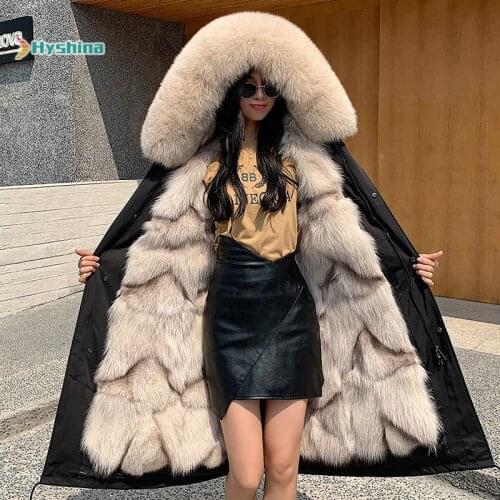 Womens Real Fox Fur Parker Fur Coat Detachable Large Collar Long Coat Large Size M-XXXXL