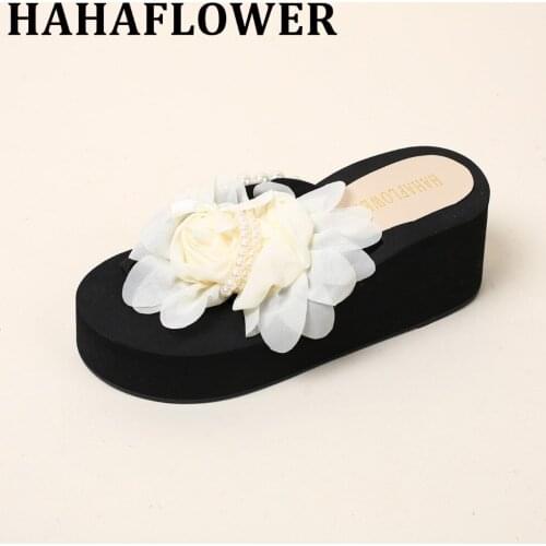 HAHAFLOWER Soft Wedge Women Flip Flops Sweet Medium Heel Summer Platform Shoes Fashion Lady Anti skidding Beach Shoes Plus Size