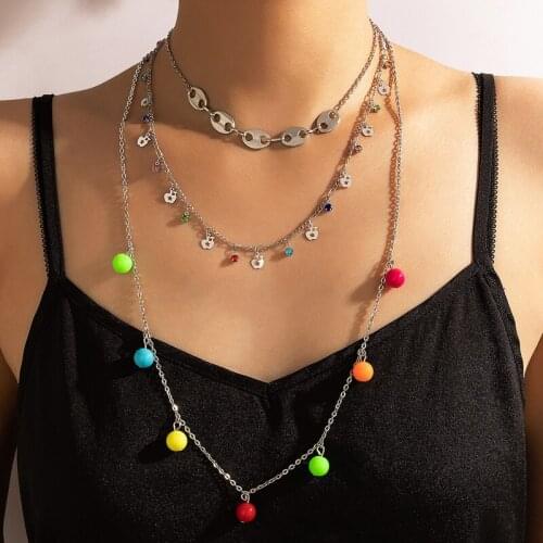 HuaTang Bohemian Colorful Crystal Beaded Necklace for Women Multi-layer Silver Color Star Tassel Clavicle Chain Trendy Jewelry
