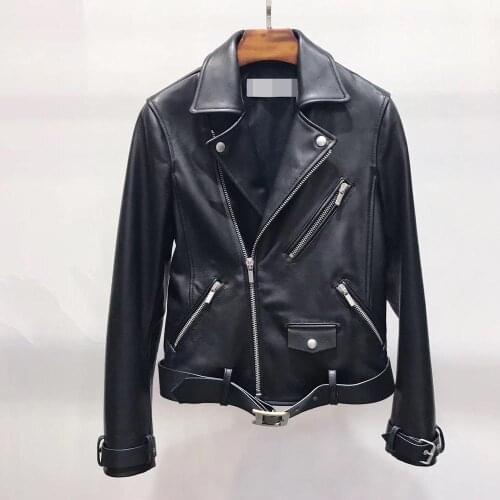 Maylofuer genuine leather jacket women coat fashion locomotive jackets for spring winter long sleeves with zipper and belt