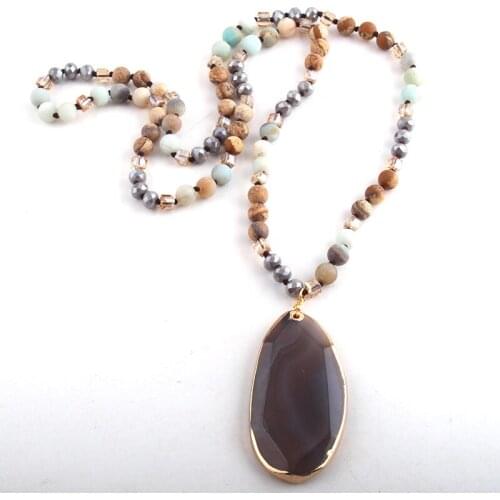 Fashion Bohemian Tribal Jewelry Stone Long Knotted Natural Stone Pendant Necklaces