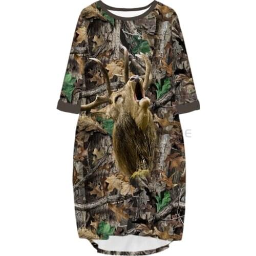 New Fashion Hunting 3D Print Long Deer Pocket Loose Casual Robe Summer Dress Traf For Women V11