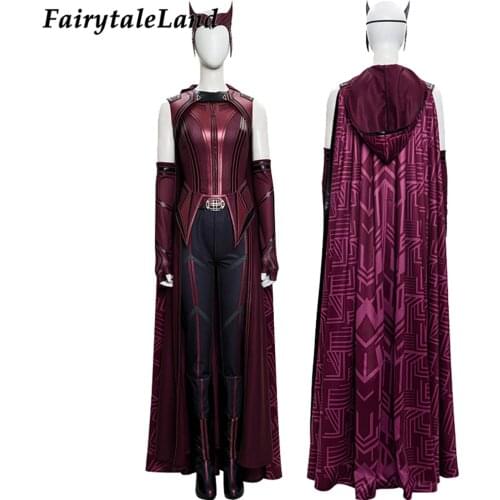 Newest Halloween High Quality Wanda Vision Maximoff Cosplay Costume Adult Female Witch Outfit Boots Red Printing Cape