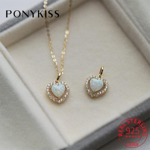 PONYKISS Vintage 925 Sterling Silver Opal Heart Zircon14K Pendant Necklace For Fashion Women Luxurious Jewelry Drop Shipping