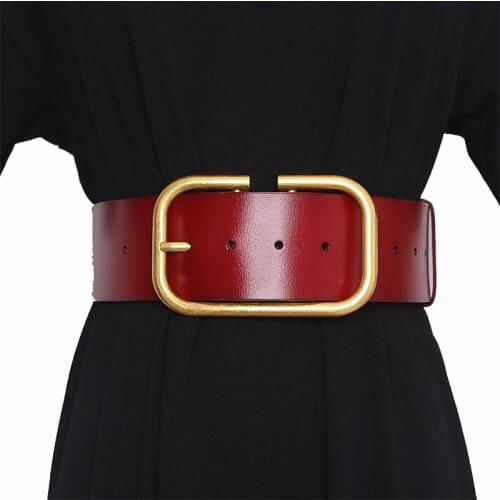 Leather Wide Belt For Women Gold Square Buckle Pin Buckle Jeans Black Belt Luxury Brand Ladies Vintage Strap Female Waistband