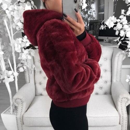 2021 New Faux Fur Women Coat with Hooded Fashion Christmas Furry Coat Black Red Pink Faux Fur Jacket Fake Rabbit Fur Outwear