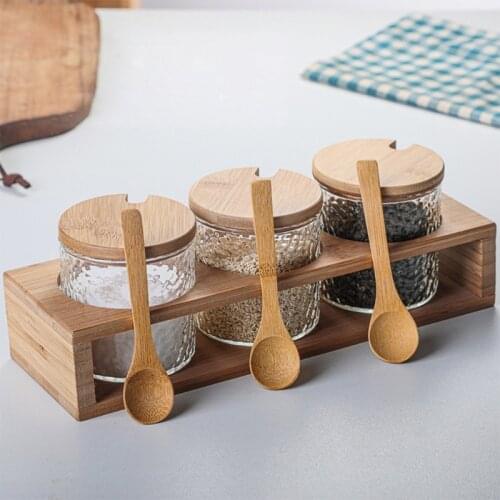 Glass Spice jar seasoning Condiment bottle Sugar Bowl with Bamboo Lid and Spoon Clear Canister flavoring jug tank tin can salt