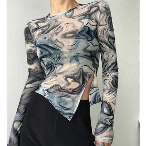 2021 Fashion Print Mesh Women T-Shirt Long Sleeve Crew Neck Slim Fit Split Crop Top Casual Street Sexy Irregular Pullover Tops