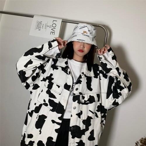 2021 Spring Fall Indie Korean Vintage Streetwear Loose New Plus Size Coats Women Cow Print Single Breasted Jacket Denim Jacket